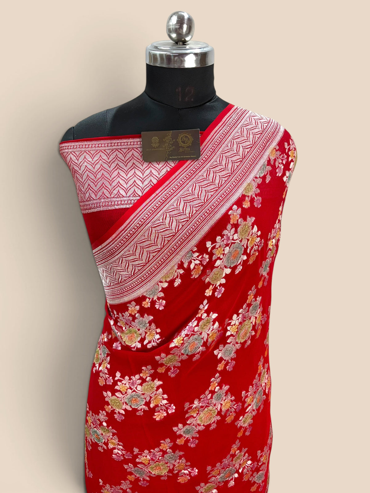 Red Pure Khaddi Georgette Silk handloom Banarasi Saree - Water Zari