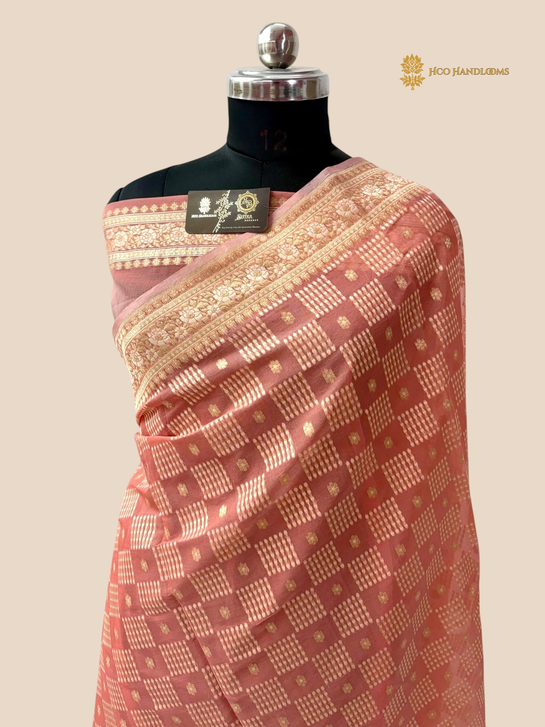 Pastel Peach Premium Cotton Jamdani Banarasi Saree - All Over Jaal