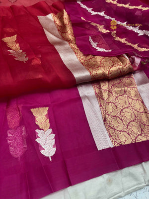 Rani & Red Pure Kora Silk Handloom Banarasi Saree - All Over Kadhua Buta