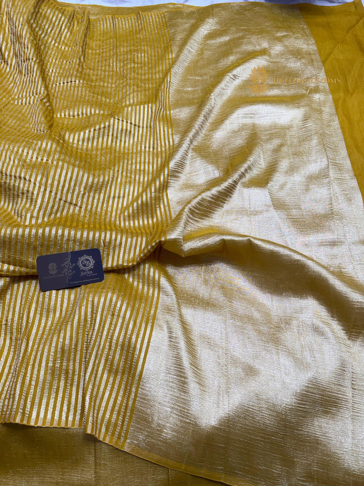 Gold Pure Moonga Silk Handloom Banarasi Saree - All Over Stripes