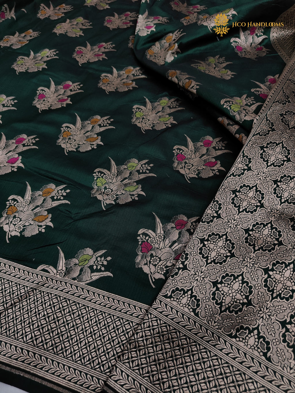 Bottle Green Pure Katan Silk Handloom Banarasi Saree - All Over Meenakari Motifs