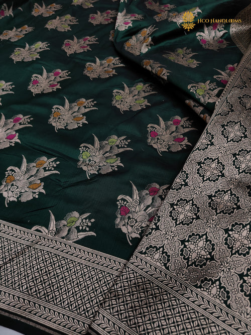 Bottle Green Pure Katan Silk Handloom Banarasi Saree - All Over Meenakari Motifs