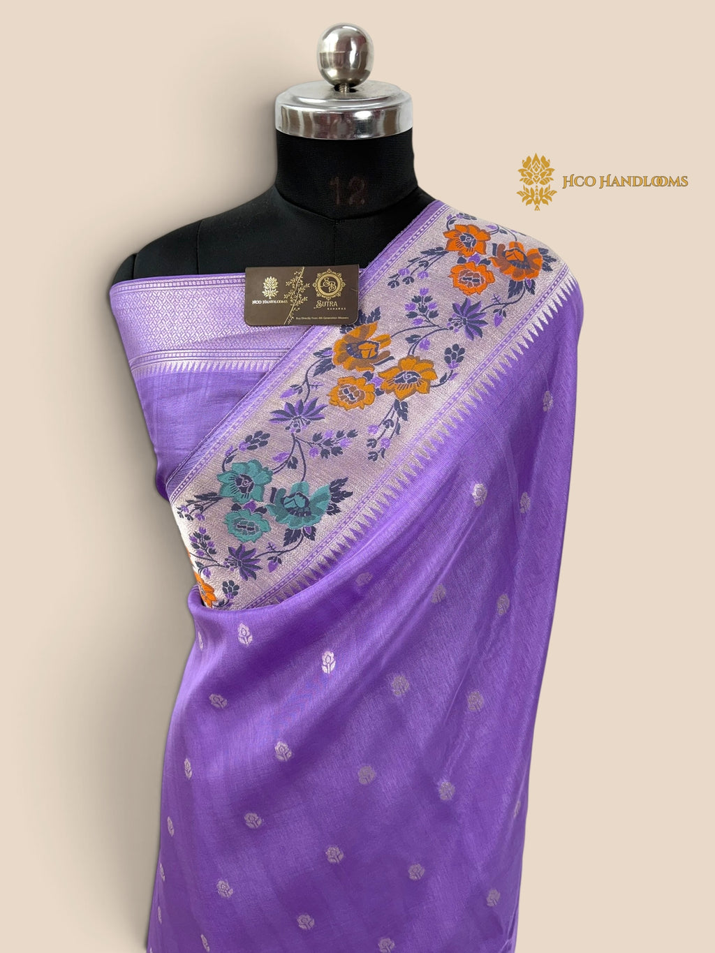Pastel Purple Matka Tussar Silk Banarasi Saree - All Over Motifs & Paithani