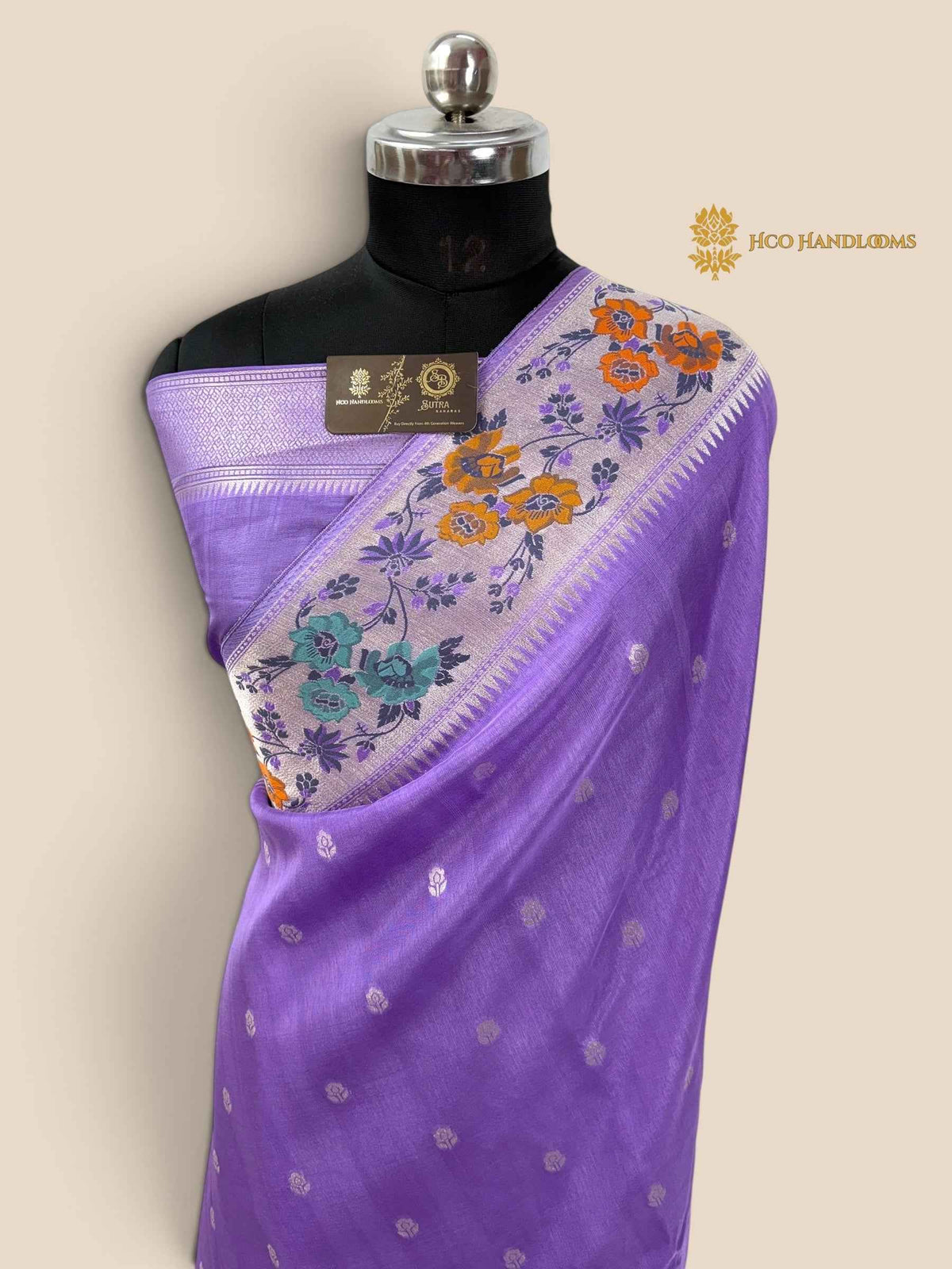 Pastel Purple Matka Tussar Silk Banarasi Saree - All Over Motifs & Paithani