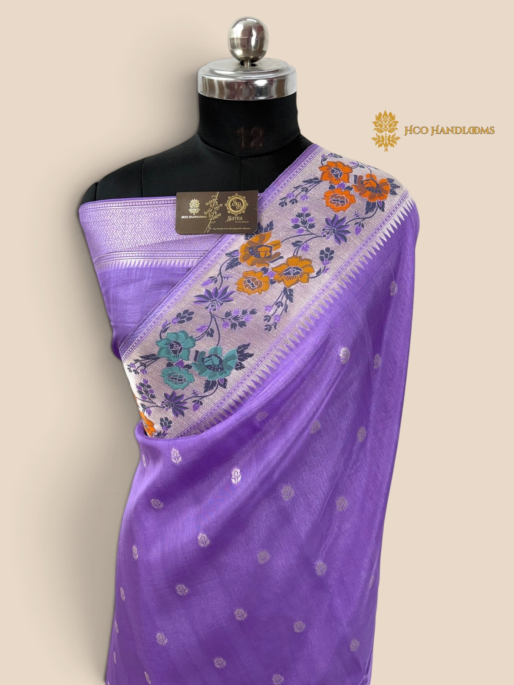 Pastel Purple Matka Tussar Silk Banarasi Saree - All Over Motifs & Paithani