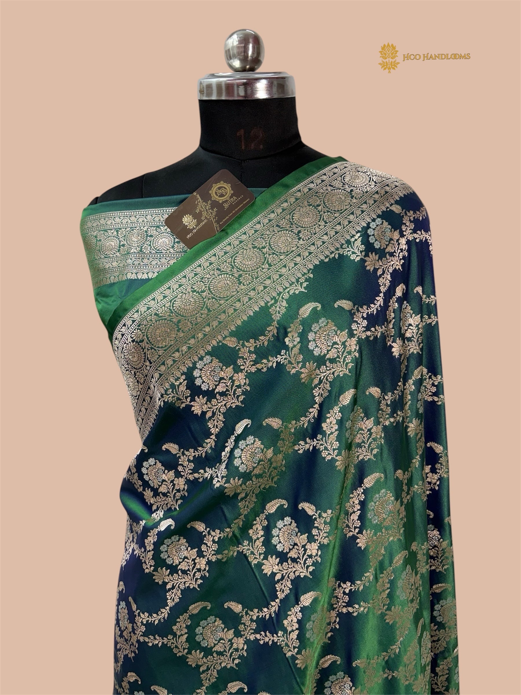 Dual Shade Green Premium Mashru Katan Silk Banarasi Saree - All Over Meenakari Jaal