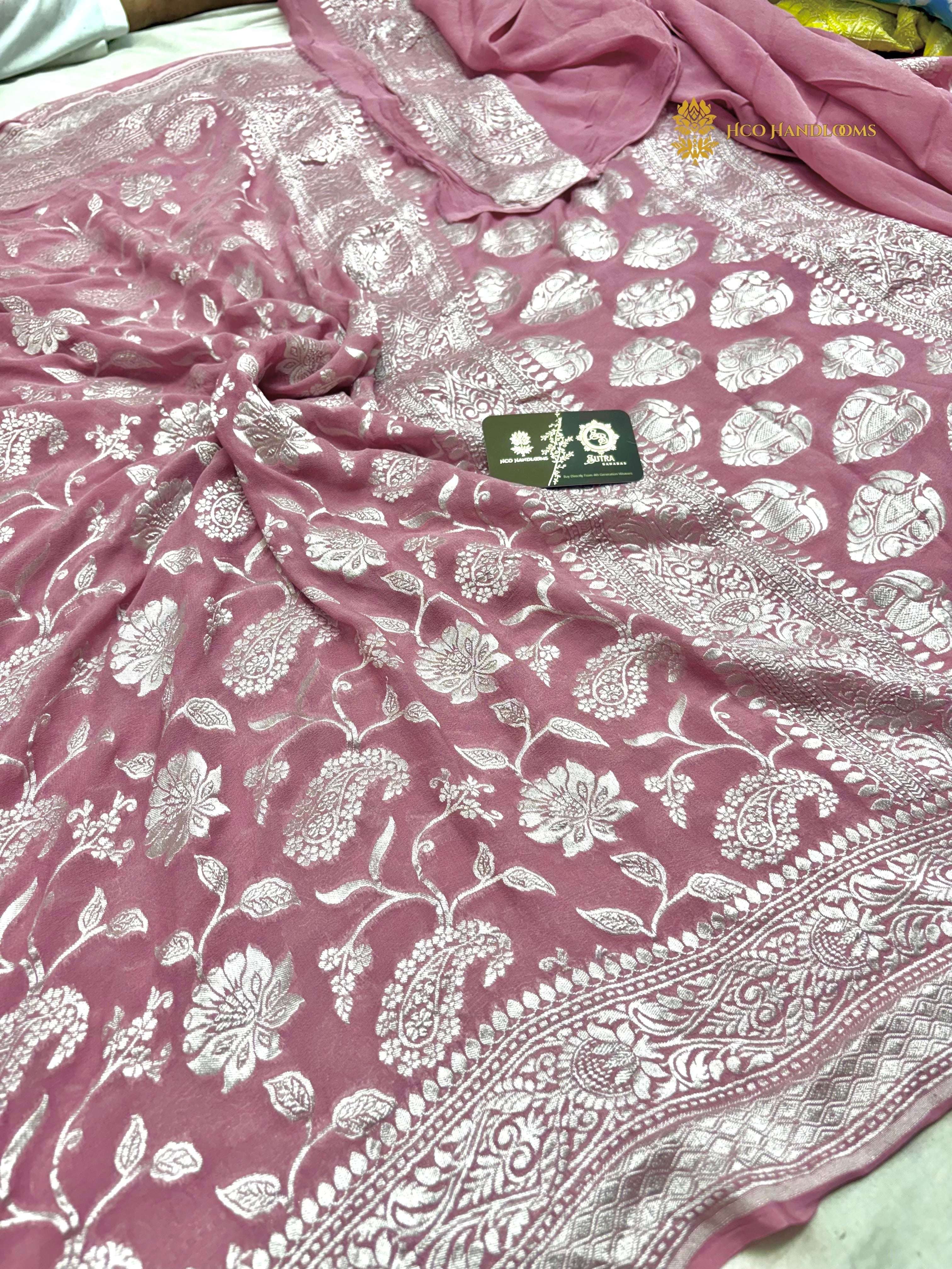 Pink Pure Khaddi Georgette Silk Handloom Banarasi Saree - All Over Jaal