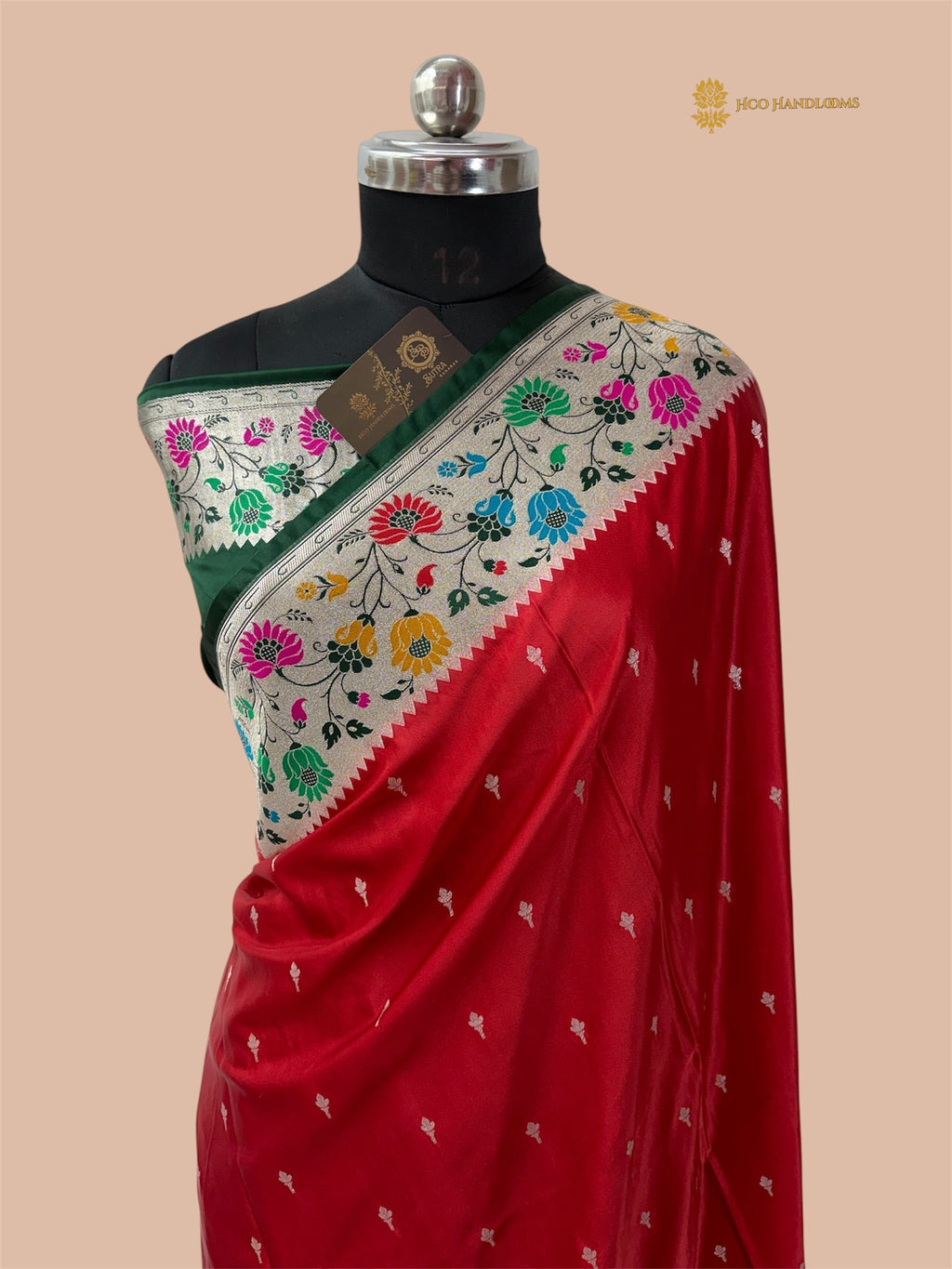 Regal Red Contrast Premium Mashru Katan SIlk Banarasi Saree - All Over Small Booti With Meenakari Border