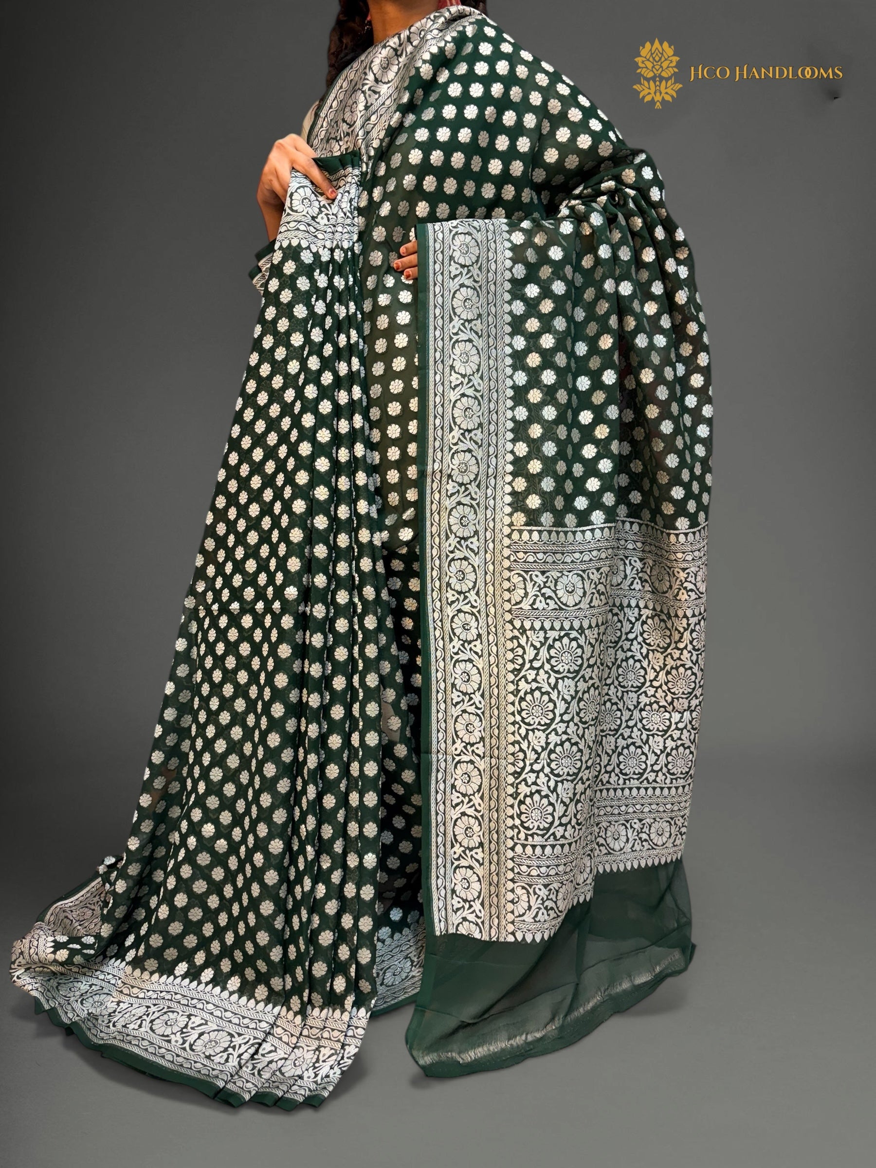 Dark Green Pure Khaddi Georgette Silk Handloom Banarasi Saree - Silver Zari