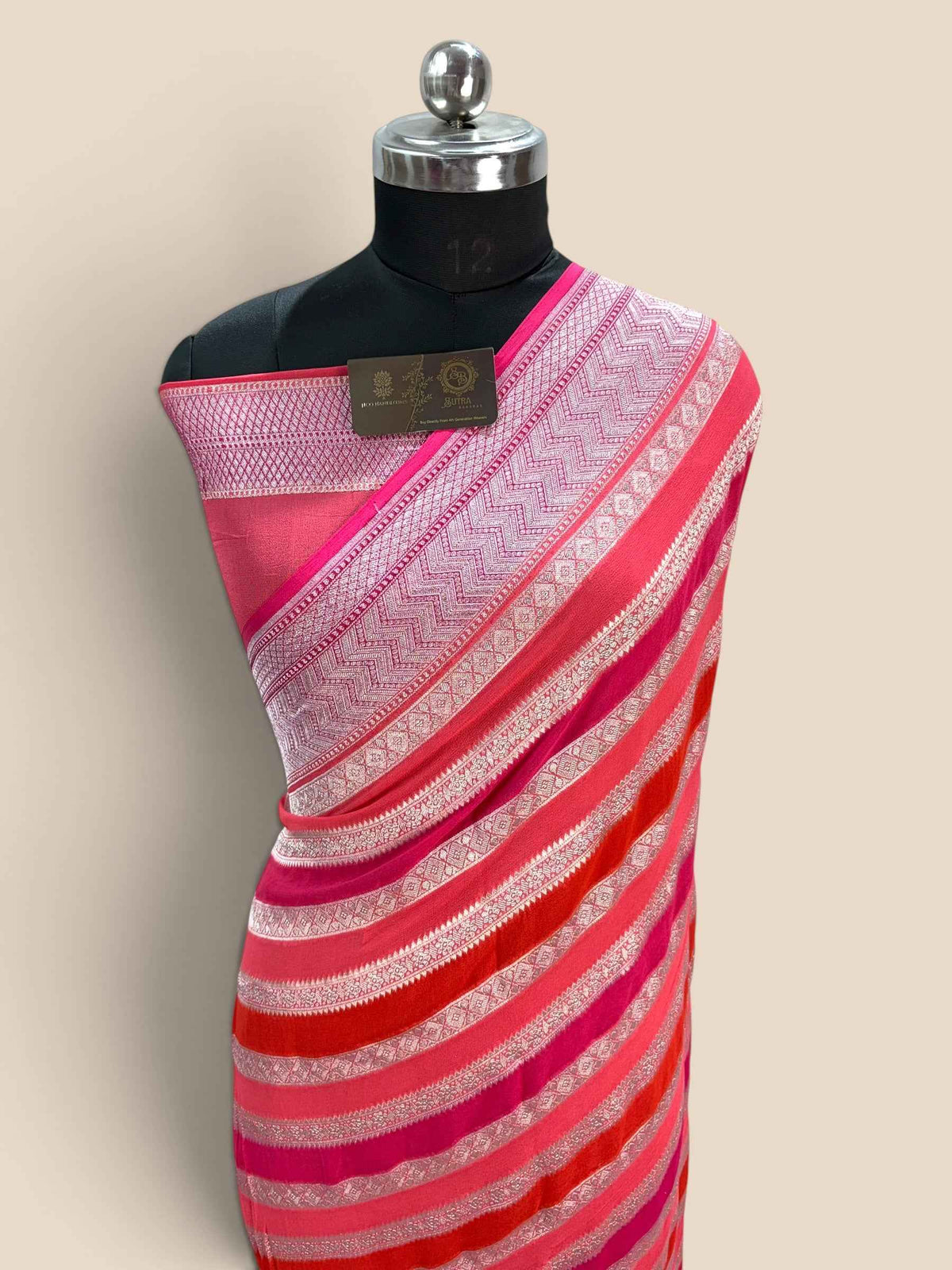 Pink Pure Khaddi Georgette Silk handloom Banarasi Saree - Water Zari
