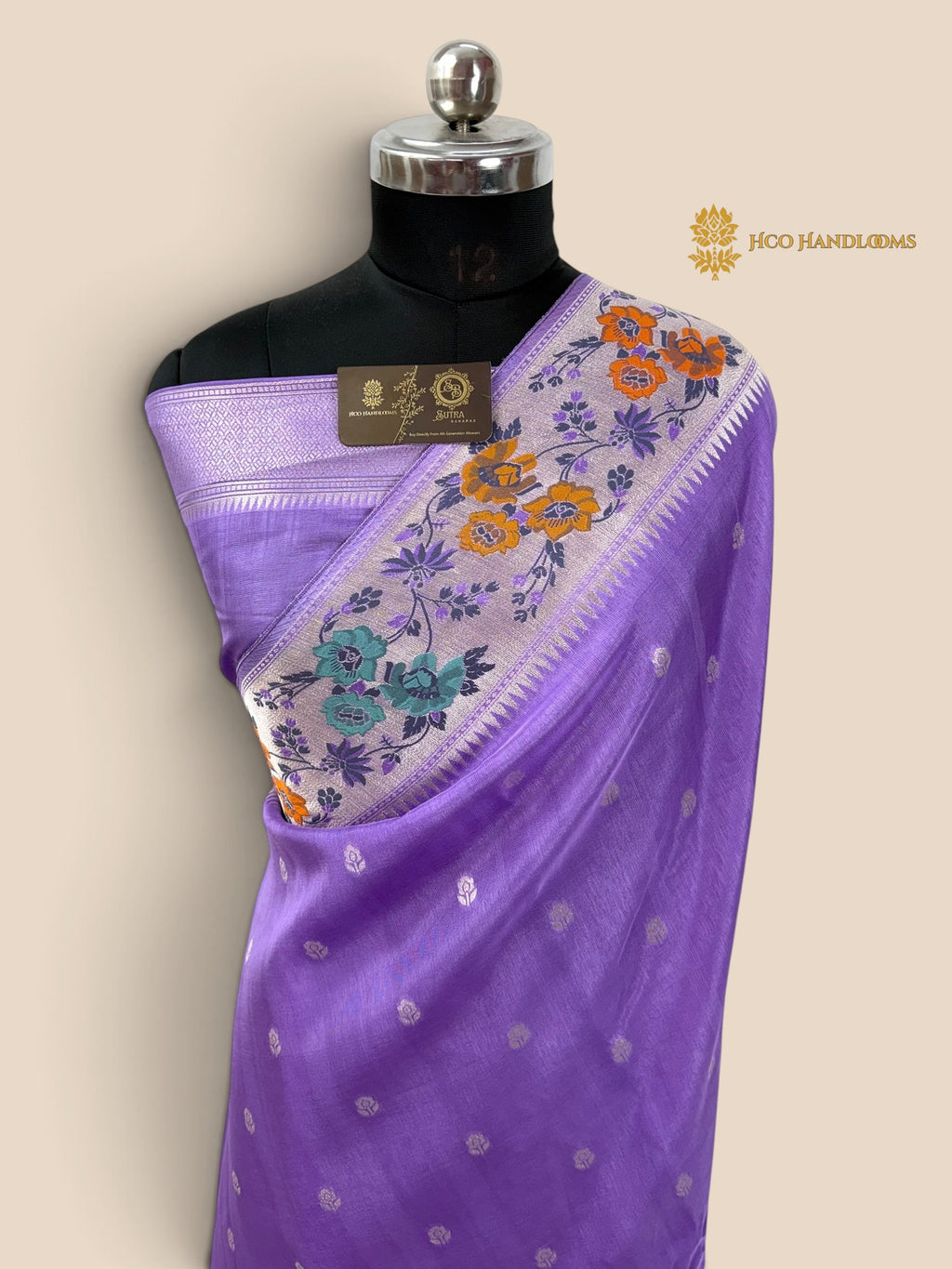 Pastel Purple Matka Tussar Silk Banarasi Saree - All Over Motifs & Paithani