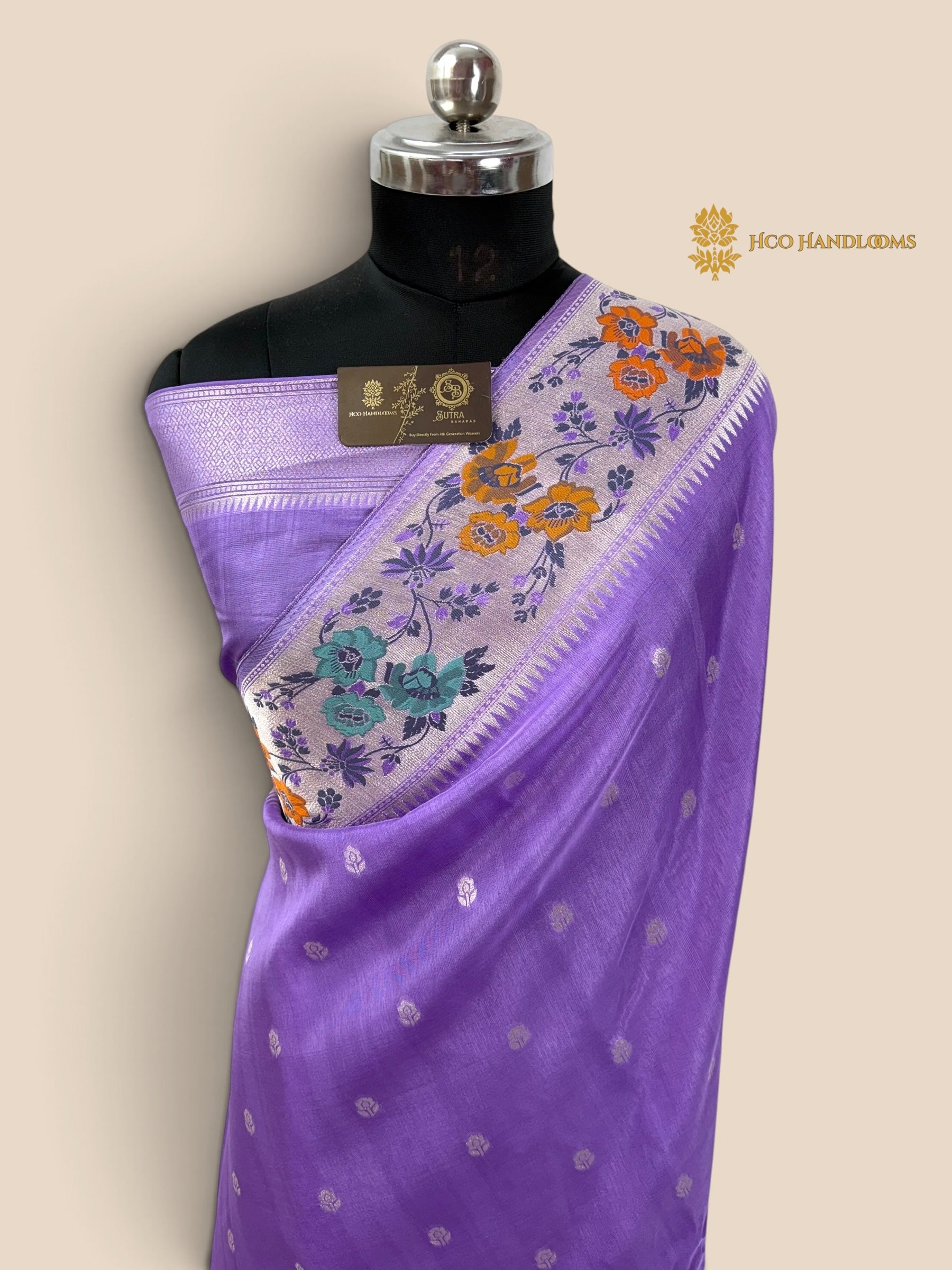 Pastel Purple Matka Tussar Silk Banarasi Saree - All Over Motifs & Paithani