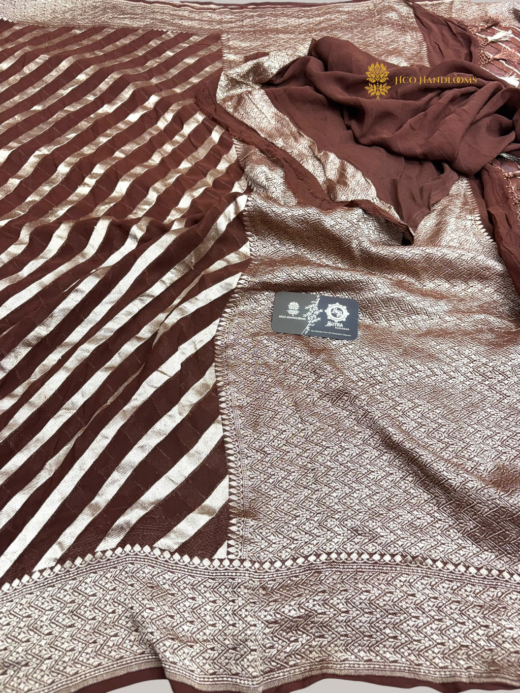 Brown Pure Khaddi Georgette Silk handloom Banarasi Saree - Water Zari