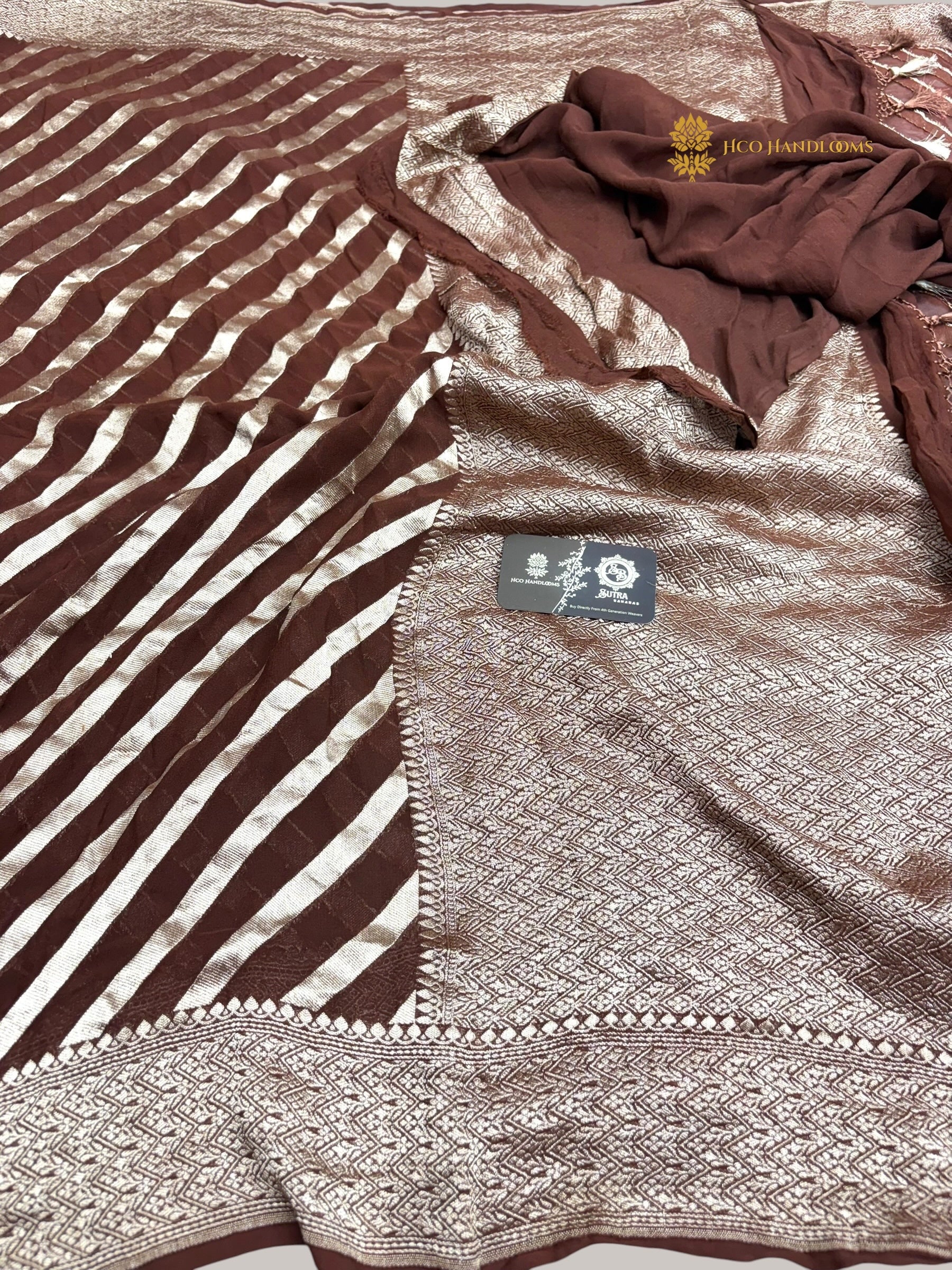Brown Pure Khaddi Georgette Silk handloom Banarasi Saree - Water Zari
