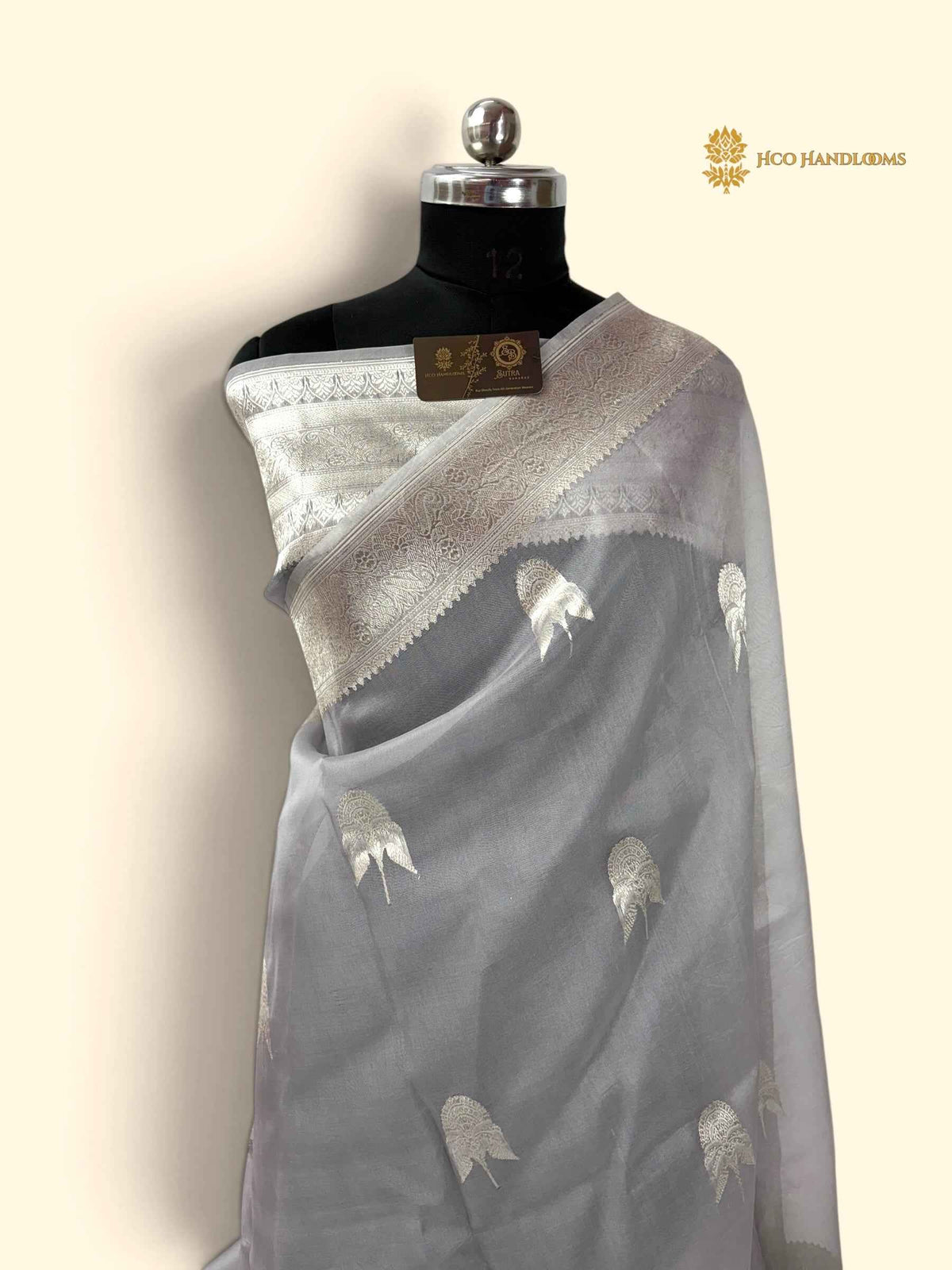 Grey Pure Kora Silk Handloom Banarasi Saree - All Over Kadhua Motifs