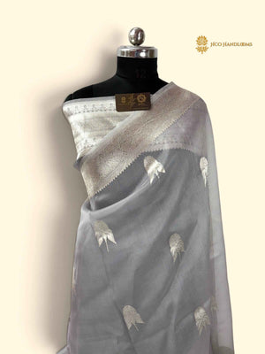 Grey Pure Kora Silk Handloom Banarasi Saree - All Over Kadhua Motifs