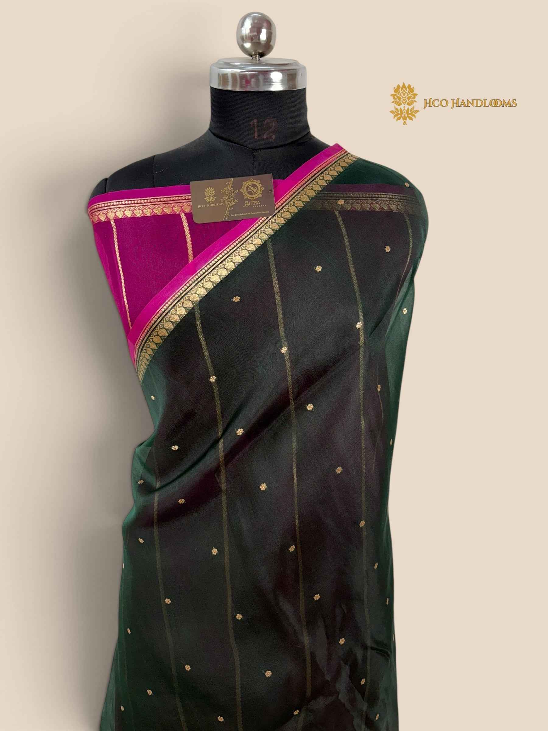 Bottle Green Pure Kora Silk Handloom Banarasi Saree - All Over Small Buti
