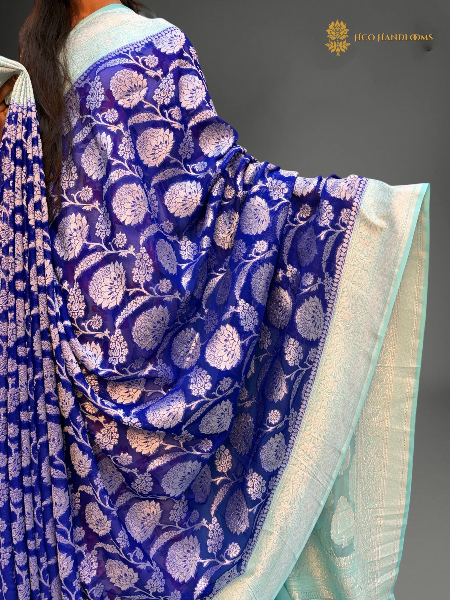 Pure Khaddi Georgette Silk Handloom Banarasi Saree With Royal Blue & Light Blue Contrast