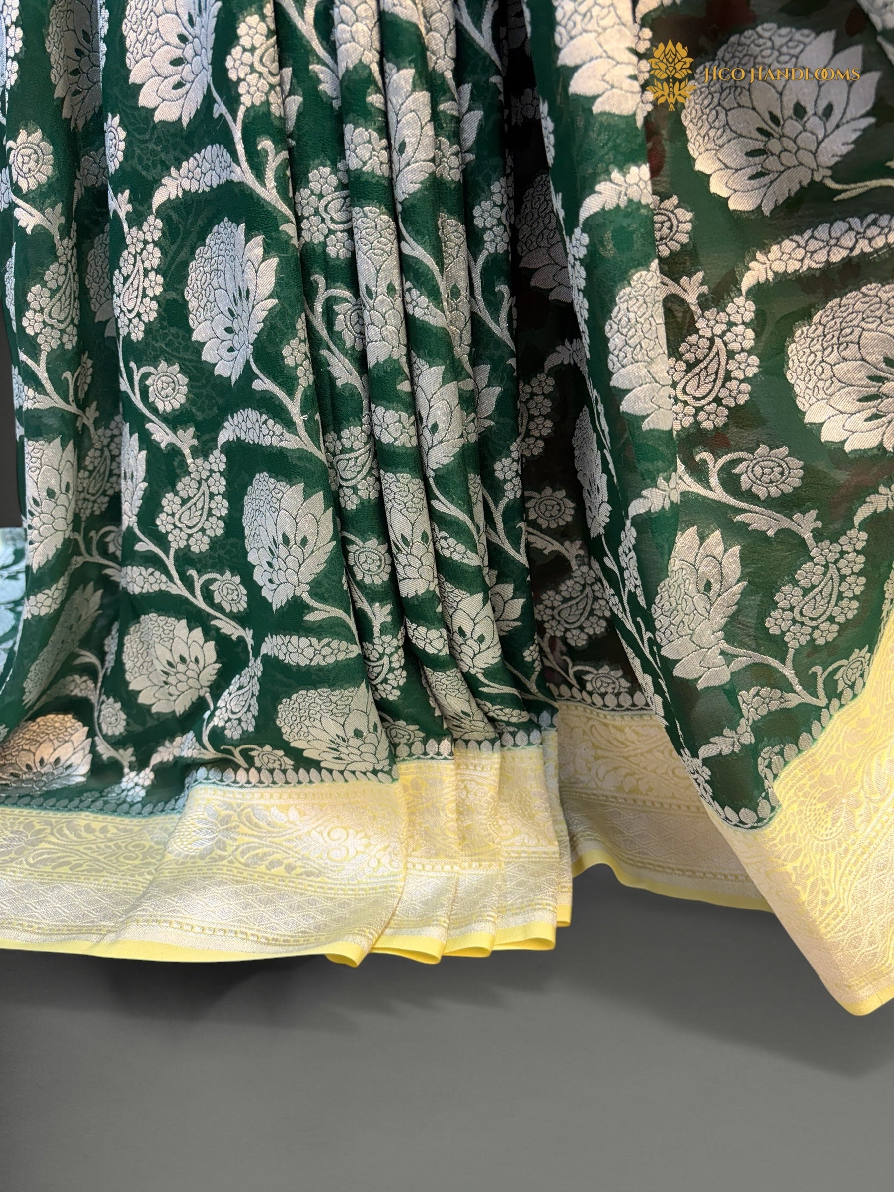 Pure Khaddi Georgette Silk Handloom Banarasi Saree With Bottle Green & Light Yellow Contrast