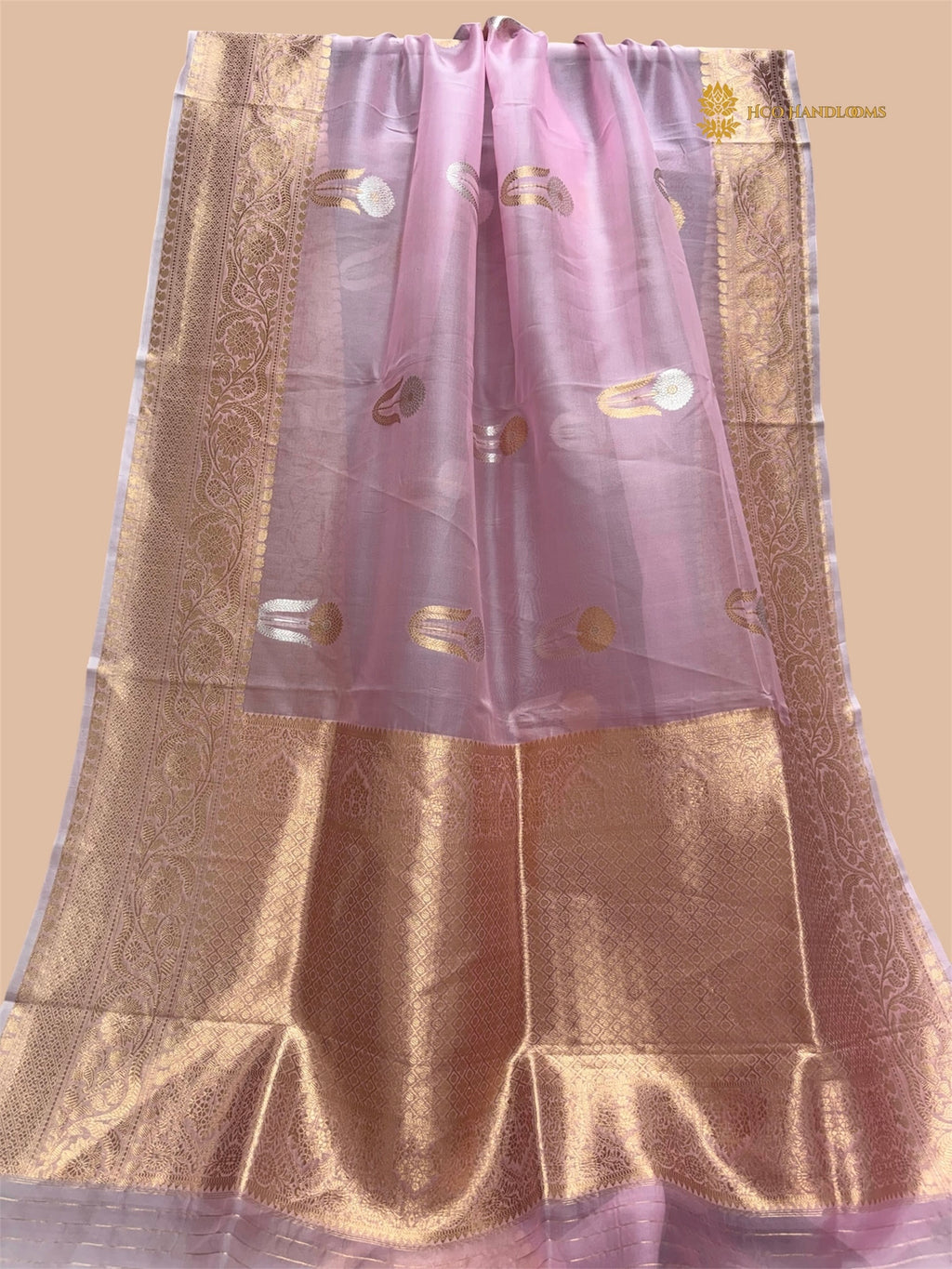 Baby Pink Pure Kora Silk Handloom Kadhua Banarasi Saree - All Over Floral Motifs