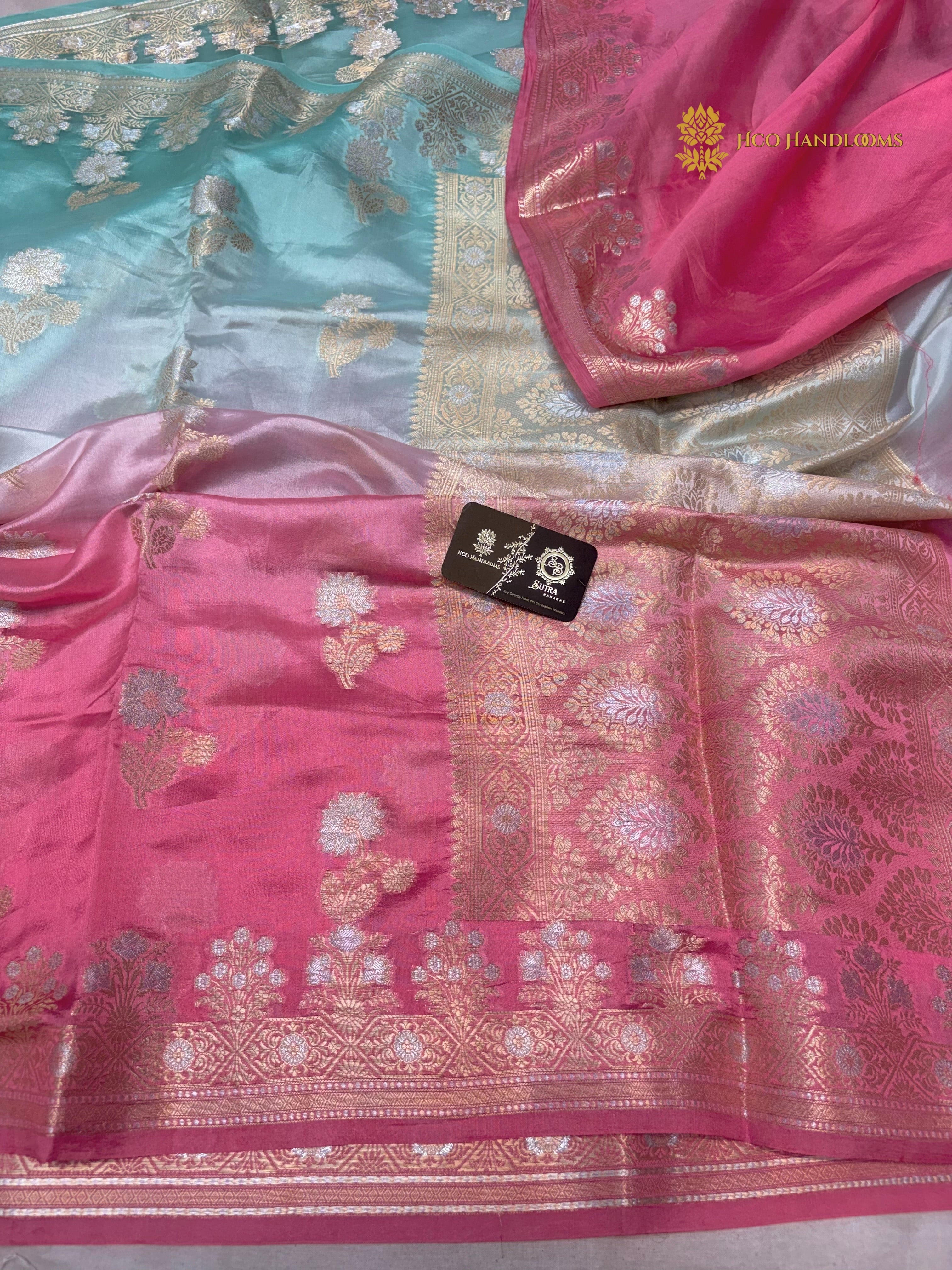 Shaded Pure Mango Katan Silk Banarasi Saree - All Over Meenakari Motifs