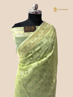 Pastel Green Premium Cotton Jamdani Banarasi Saree - All Over Jaal
