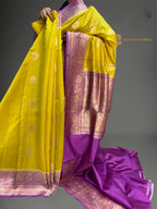 Regal Contrast Pure Mango Katan Silk Handloom Banarasi Saree - All Over Kadhua Motifs