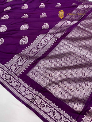 Purple Premium Mashru Katan Silk Banarasi Saree - All Over Paisley Motifs