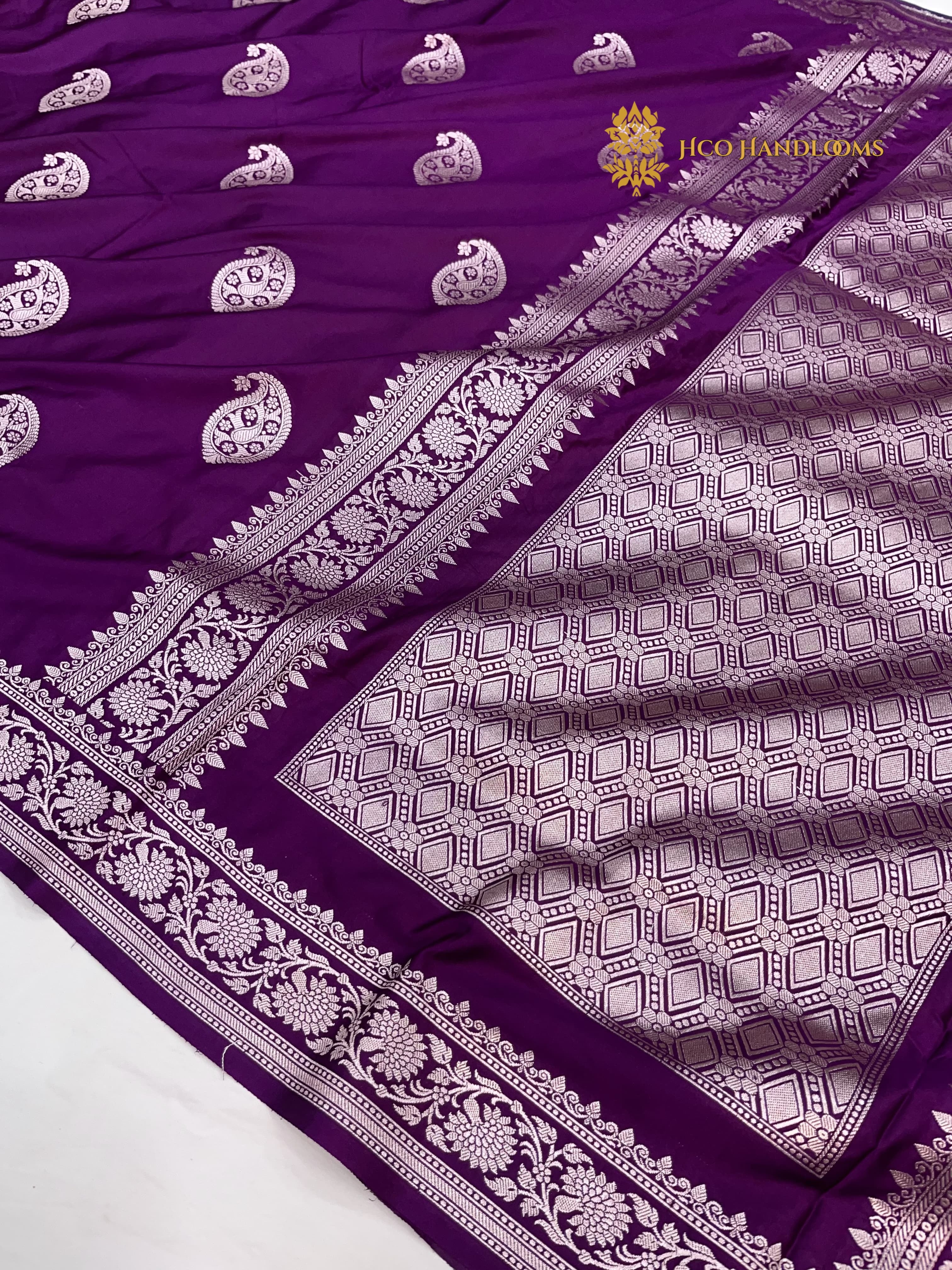 Purple Premium Mashru Katan Silk Banarasi Saree - All Over Paisley Motifs