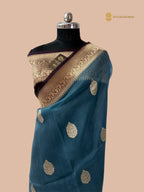 Light Blue & Wine Contrast Pure Kora Silk Handloom Banarasi Saree - All Over Kadua Motifs