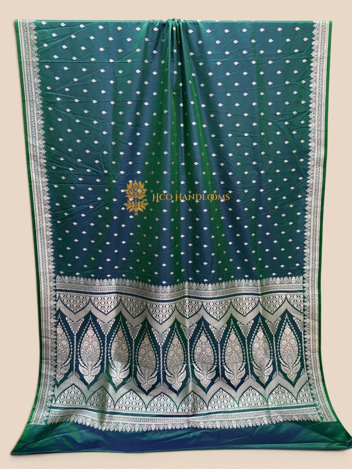 Dual Shade Green Premium Mashru Katan Silk Banarasi Saree - Small Motifs
