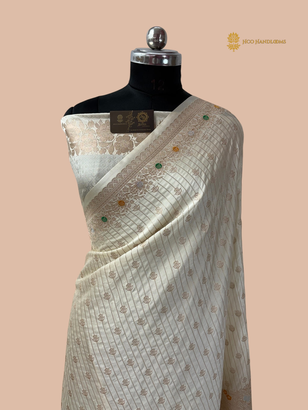 Regal Ivory Premium Mashru katan SIlk Banarasi Saree - All Over Stripe With Meenakari Skirt