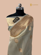 Ivory Pure Kora Silk Handloom Banarasi Saree - All Over Kadua Motifs