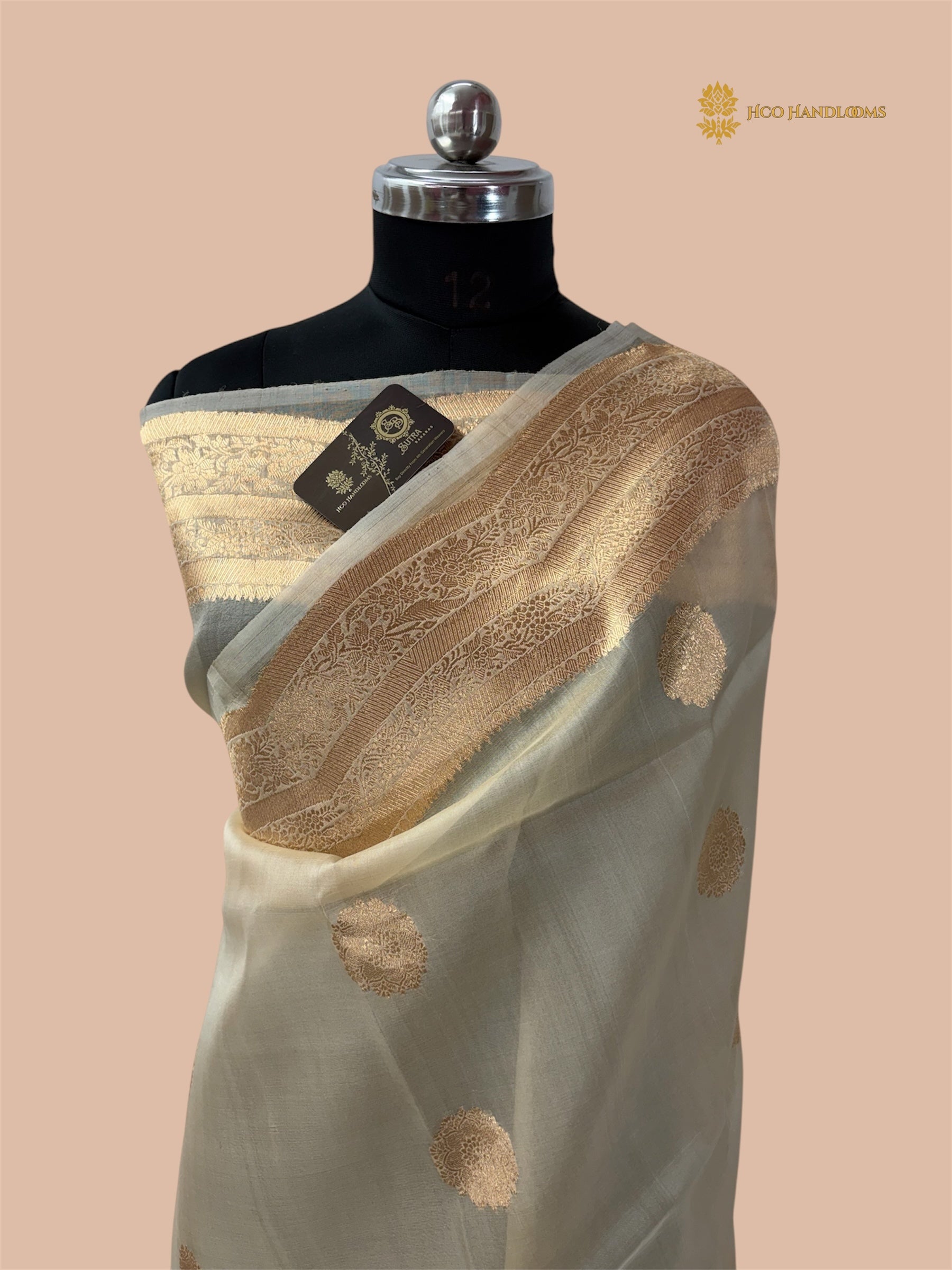 Ivory Pure Kora Silk Handloom Banarasi Saree - All Over Kadua Motifs