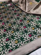 Regal Green Pure Katan Silk Handloom Banarasi Saree - All Over Meenakari Brocade Jangla