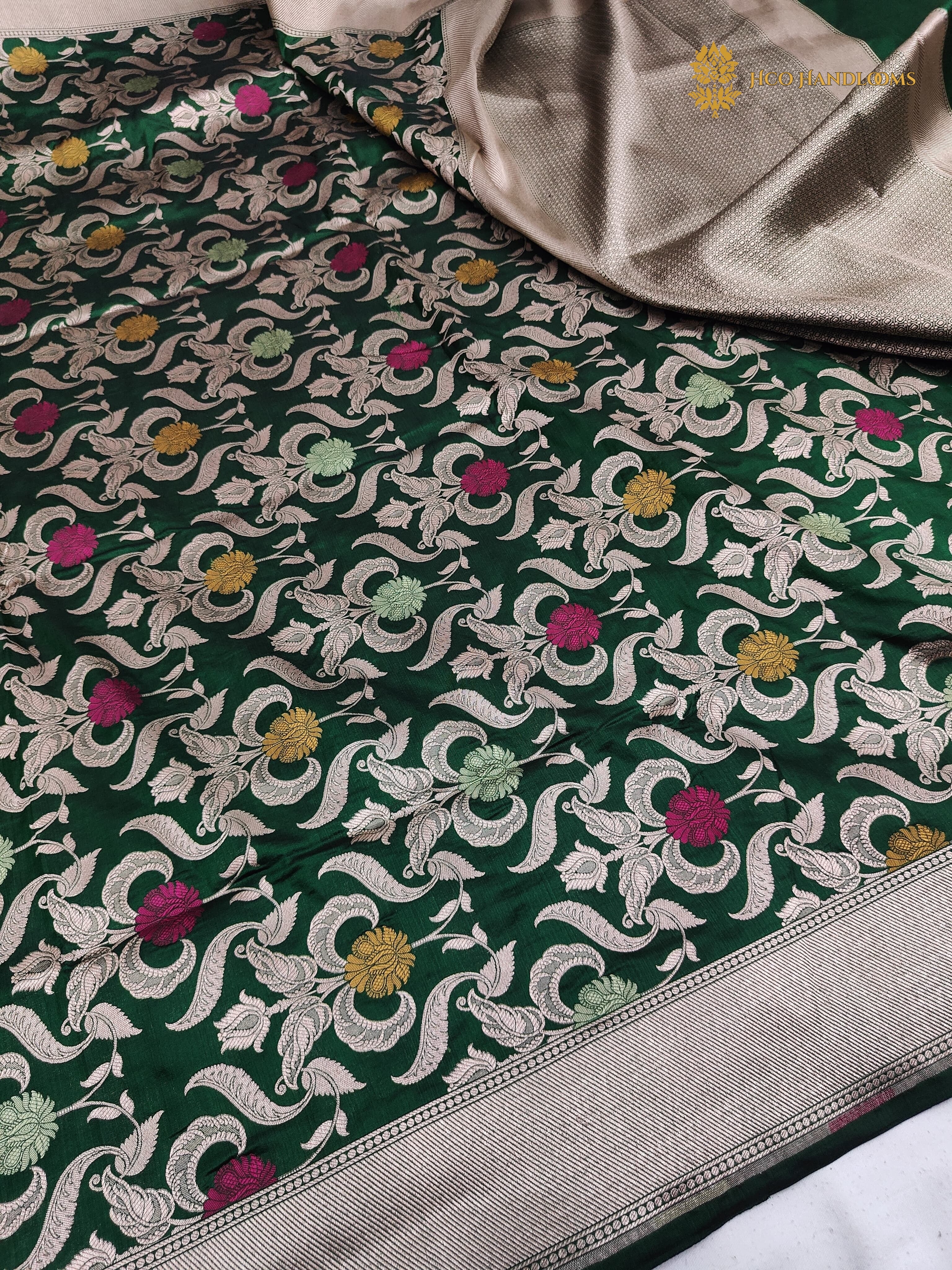 Regal Green Pure Katan Silk Handloom Banarasi Saree - All Over Meenakari Brocade Jangla