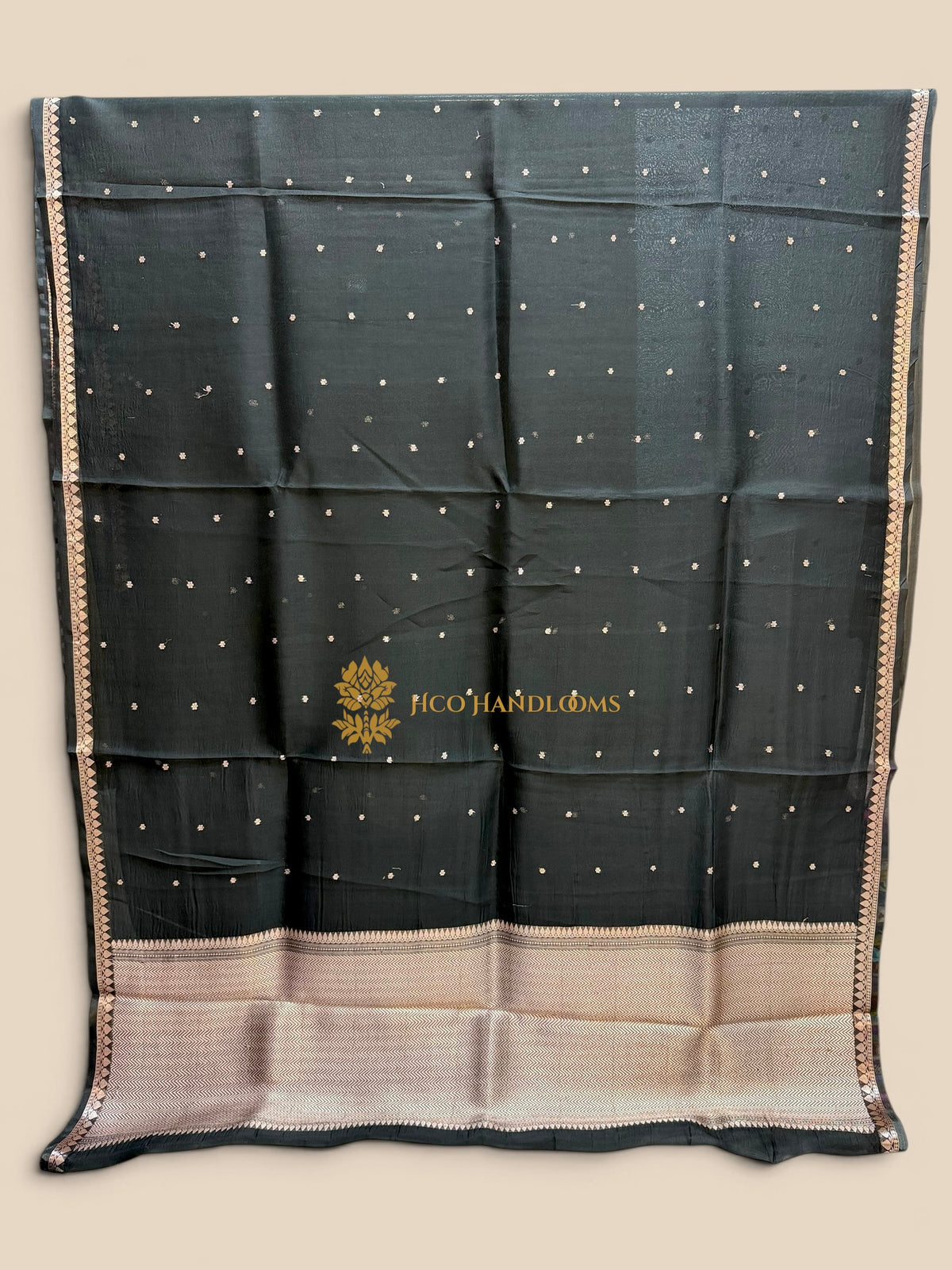 Black Pure Kora Silk Handloom Banarasi Saree - All Over Small Buti