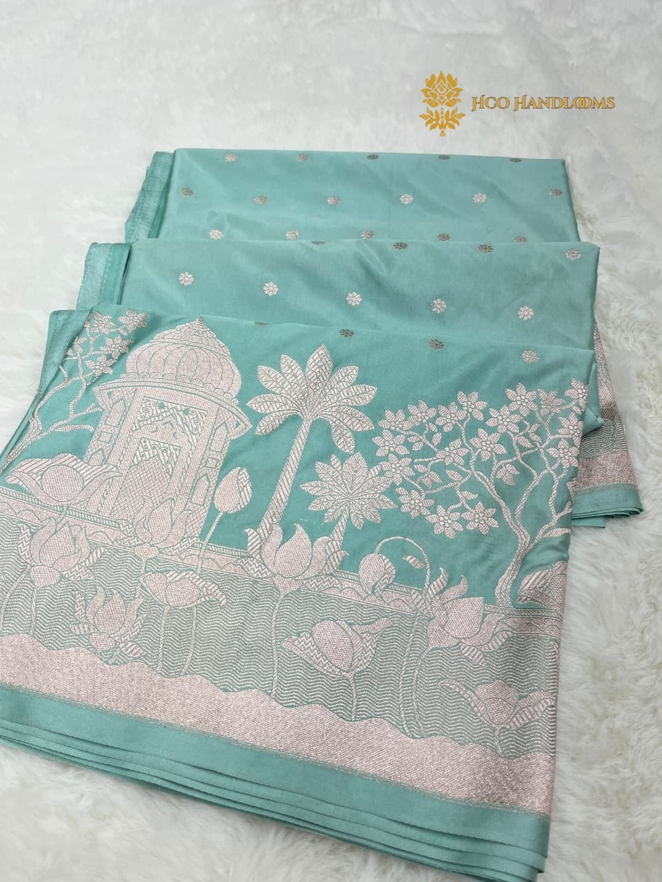 Light Blue Premium Mashru Katan Silk Banarasi Saree - All Over Dot Motifs And Beautiful Border