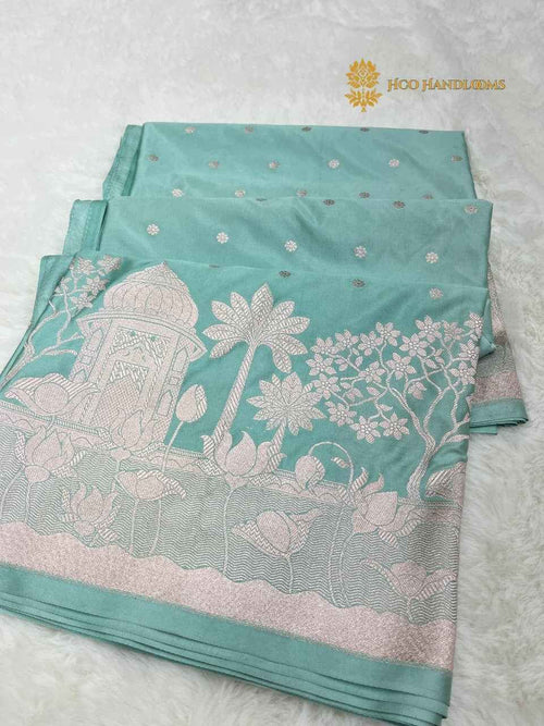 Light Blue Premium Mashru Katan Silk Banarasi Saree - All Over Dot Motifs And Beautiful Border