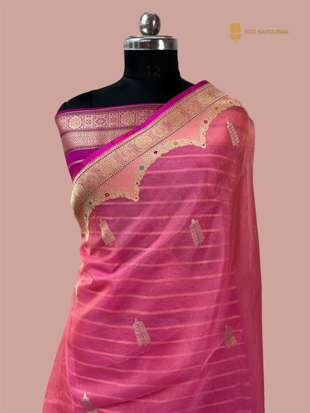 Regal Pink Pure Kora Silk Handloom Banarasi saree - All Over Stripe Meenakari Kadua Motifs