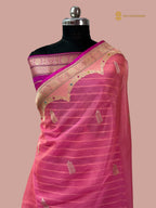 Regal Pink Pure Kora Silk Handloom Banarasi saree - All Over Stripe Meenakari Kadua Motifs
