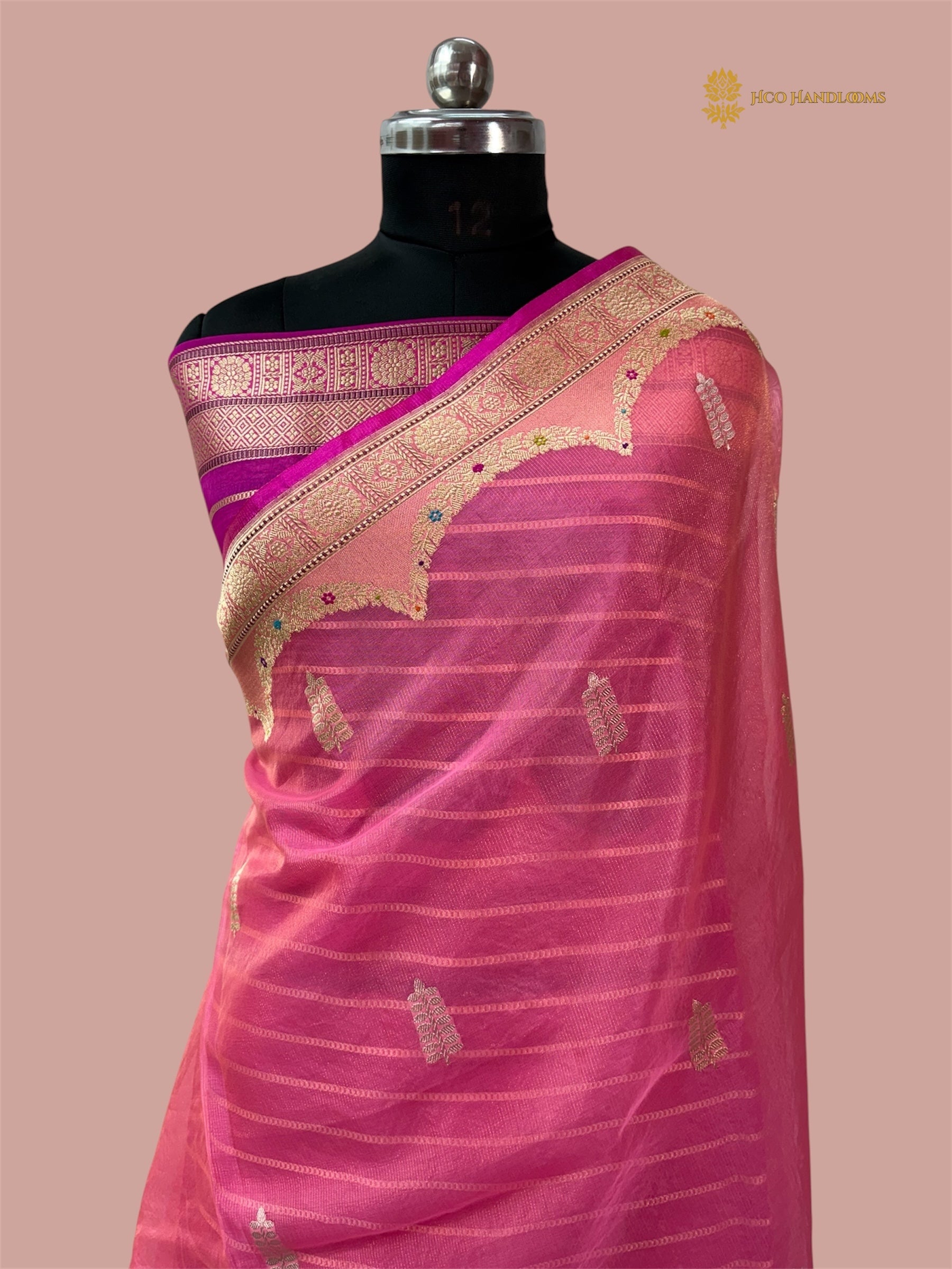 Regal Pink Pure Kora Silk Handloom Banarasi saree - All Over Stripe Meenakari Kadua Motifs