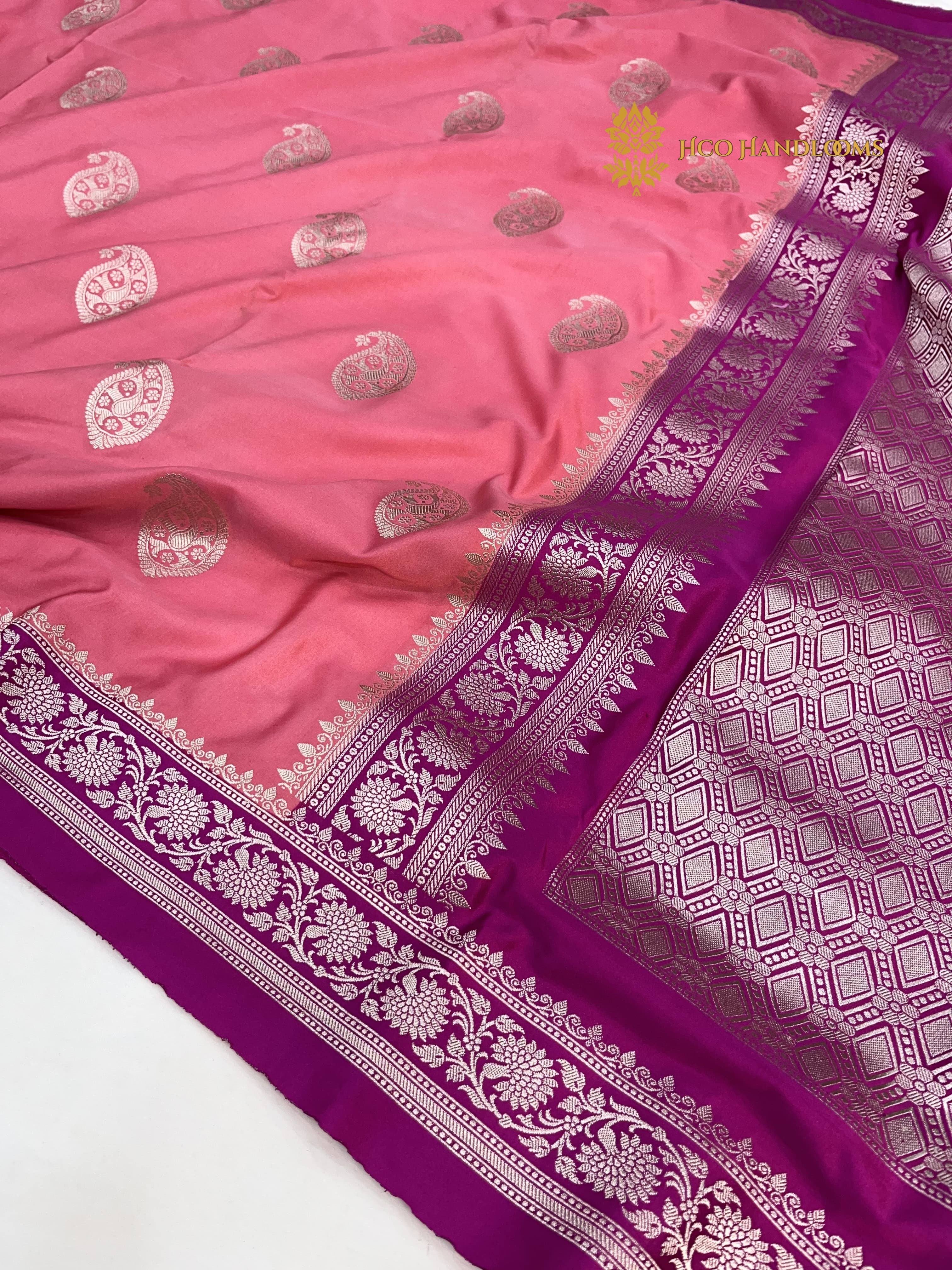 Pink Premium Mashru Katan Silk Banarasi Saree - All Over Paisley Motifs