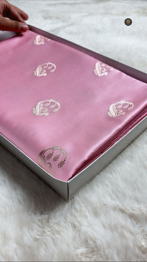 Baby Pink Premium Mashru Katan Silk Banarasi Saree - Floral Motifs