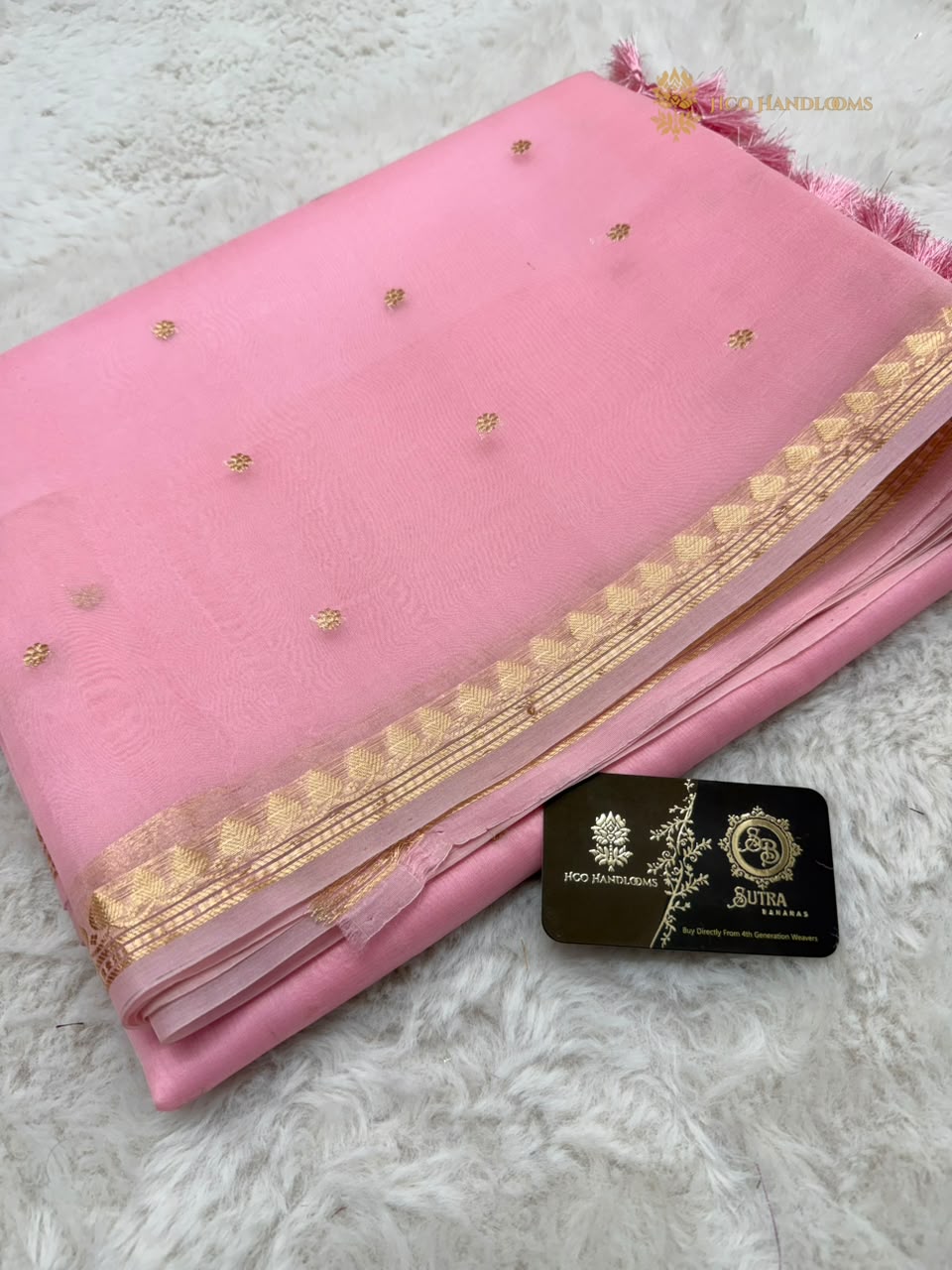 Baby Pink Pure Kora Silk Handloom Banarasi Saree - All Over Small Buti