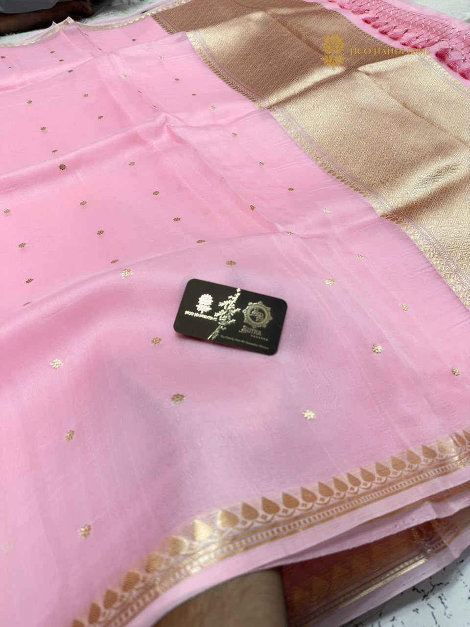 Baby Pink Pure Kora Silk Handloom Banarasi Saree - All Over Small Buti