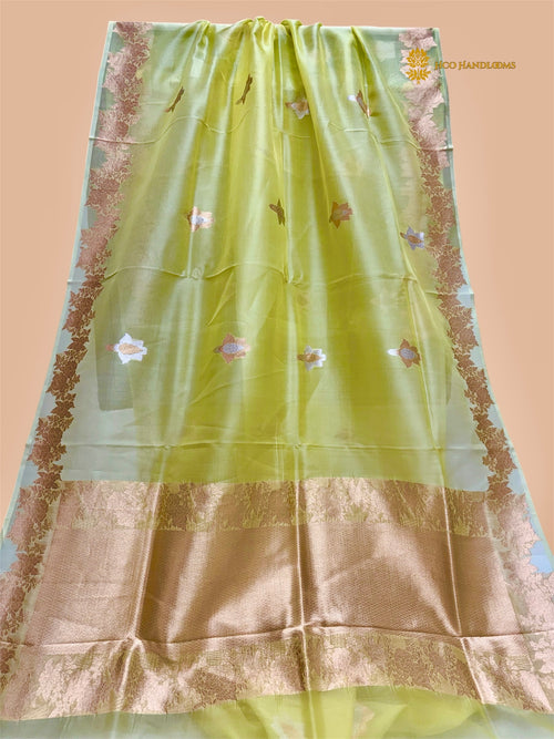 Fresh Lemon Pink Pure Kora Silk Handloom Banarasi Saree - All Over Sona & Roopa Kadua Motifs