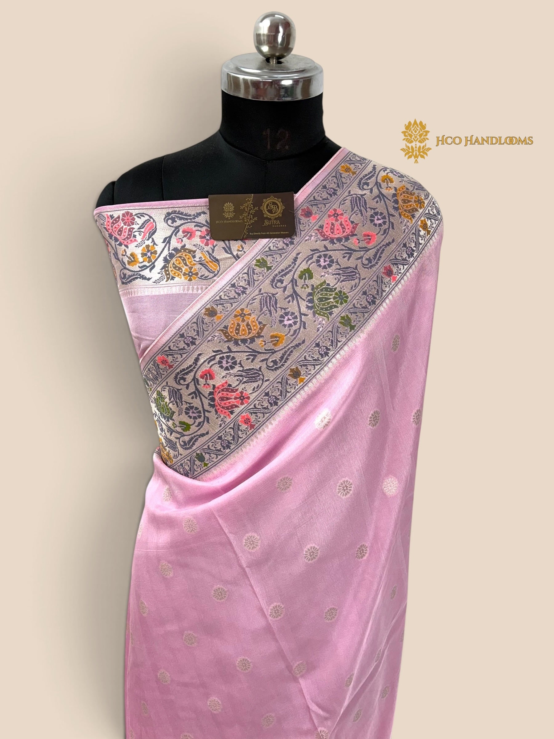 Pastel Pink Matka Tussar Silk Banarasi Saree - All Over Motifs & Paithani
