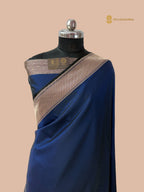 Regal German Blue Premium Mashru Katan Silk Banarasi Saree - Ganga Ghat Design