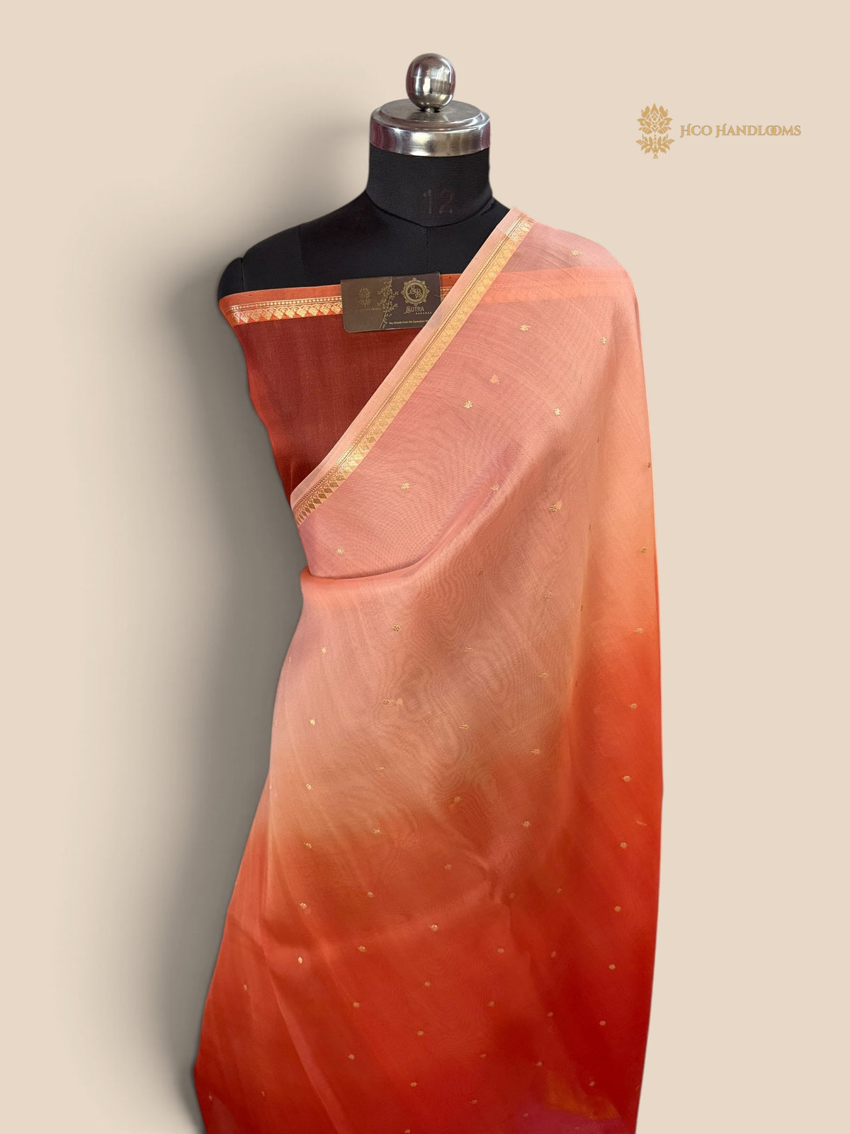Orange & Peach Ombre Pure Kora Silk Handloom Banarasi Saree - All Over Small Buti